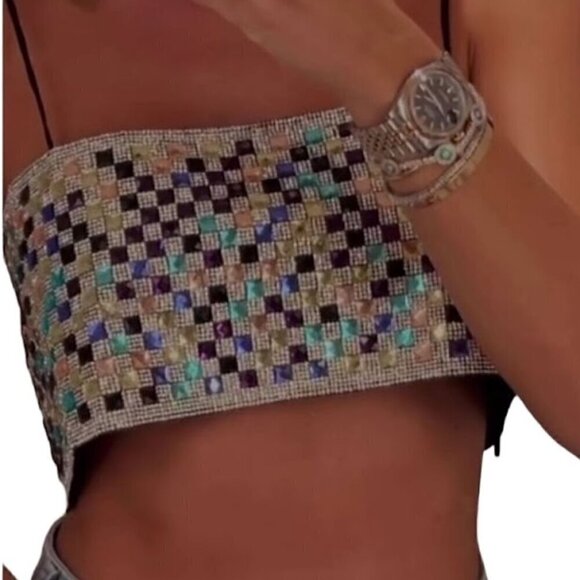 Zara Shimmery Multi-Color Stone Crop Top XS Blogger Favorite Festival Clubwear - Picture 2 of 11